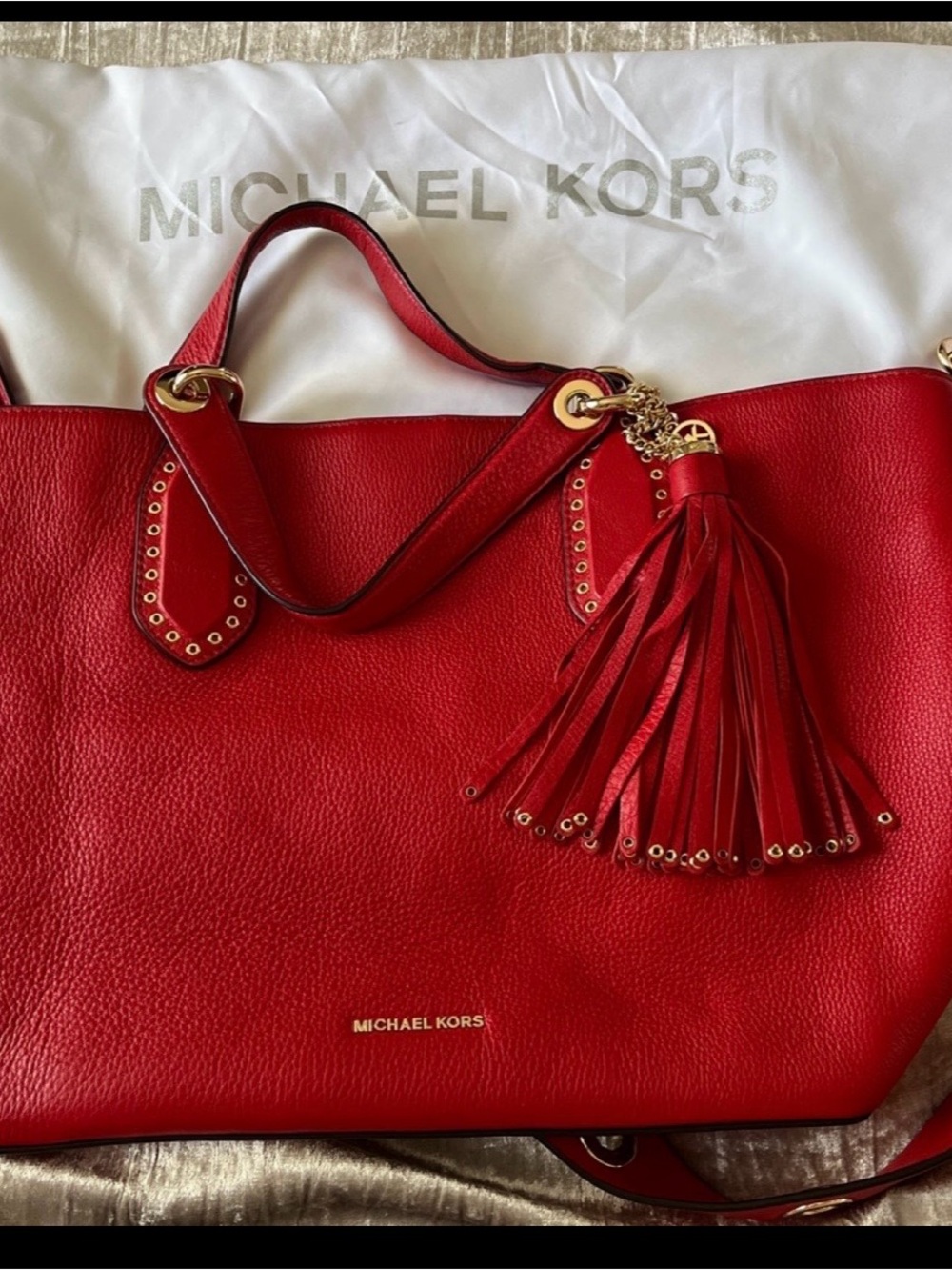 Michael Kors Red Leather Tote with Tassel and Gold Accents - Picture 2 of 9